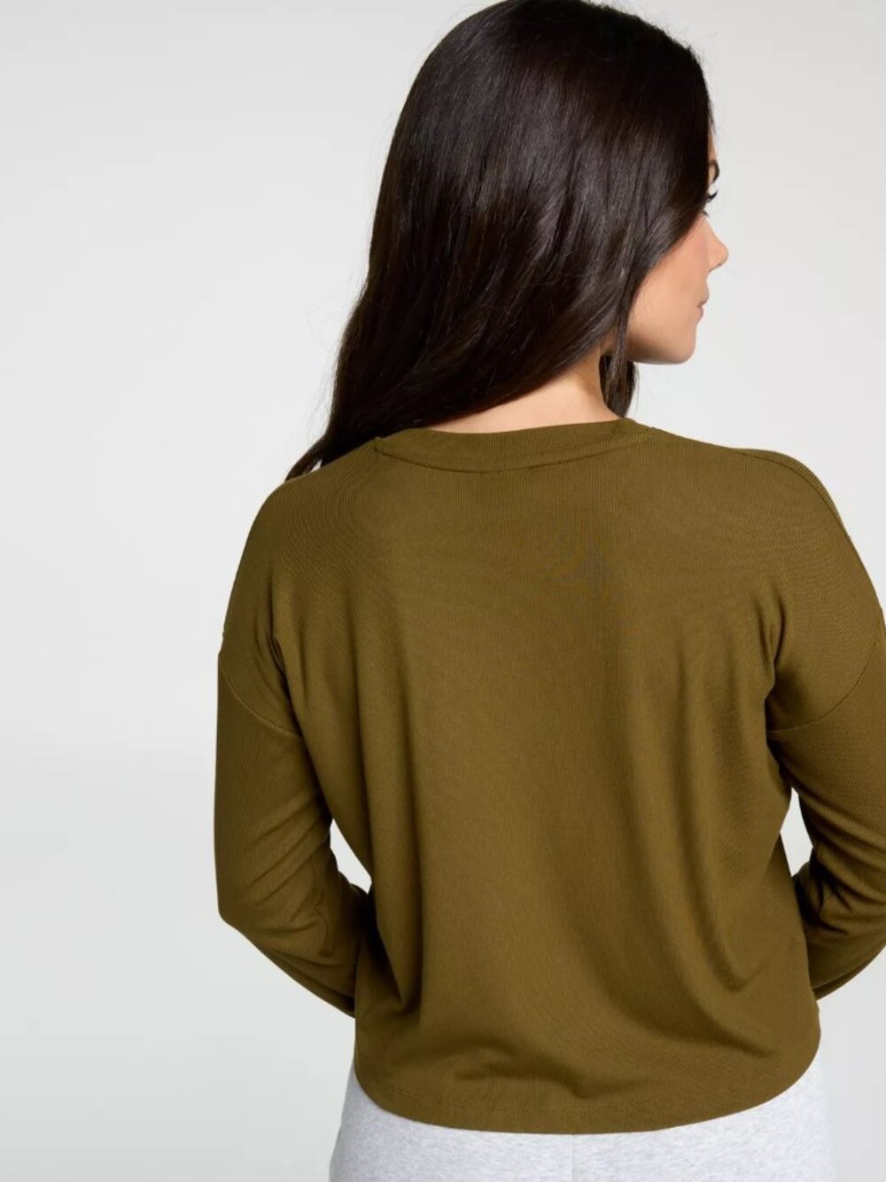 CALIA Women's Everyday Rib Boxy Long Sleeve Tee - Color: Dark Khaki Olive - Picture 3 of 9